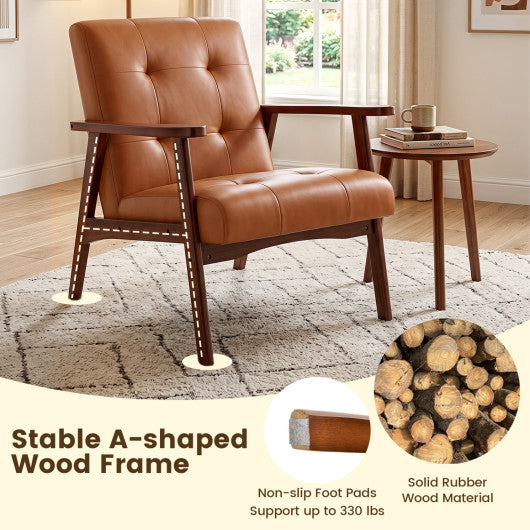Mid Century Modern Accent Chair with Solid Rubber Wood Frame and Leather Cover-Brown