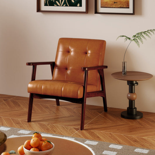 Mid Century Modern Accent Chair with Solid Rubber Wood Frame and Leather Cover-Brown