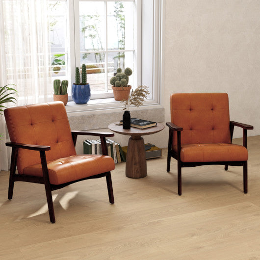 Mid Century Modern Accent Chair with Solid Rubber Wood Frame and Leather Cover-Brown
