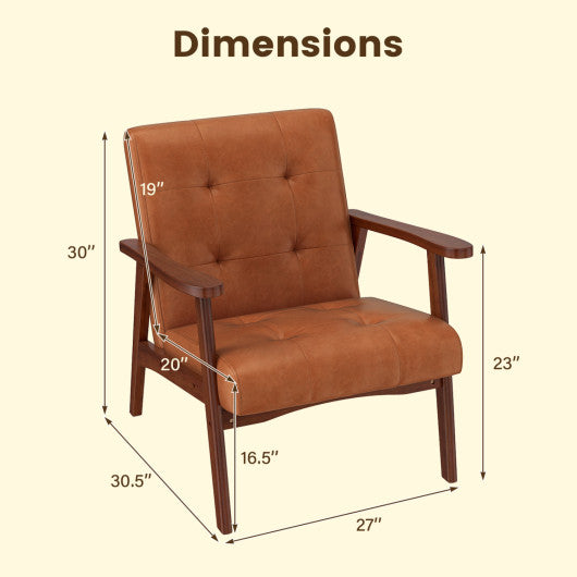 Mid Century Modern Accent Chair with Solid Rubber Wood Frame and Leather Cover-Brown