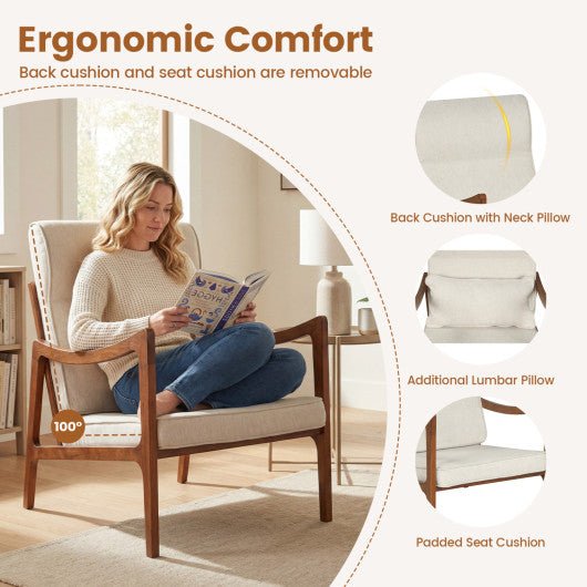 Modern Accent Chair with Solid Rubber Wood Faux Leather Upholstered Armchair-White