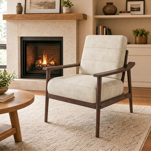 Modern Accent Chair with Rubber Wood Armrests and Legs for Living Room-Brown