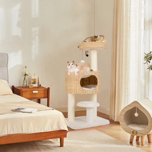 Modern Cat Tower Cat Tree with Top Perch Cattail Fluff Condo-Natural