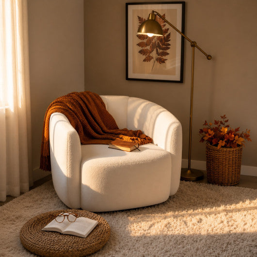 Modern Upholstered Sherpa Accent Chair with Curved Backrest and Armrests-White