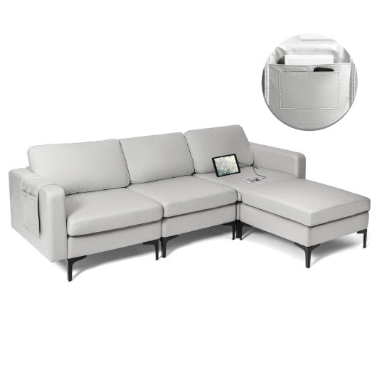 Modular 3-Seat L-shaped Sectional Sofa with Reversible Chaise and 2 USB Ports-Light Gray