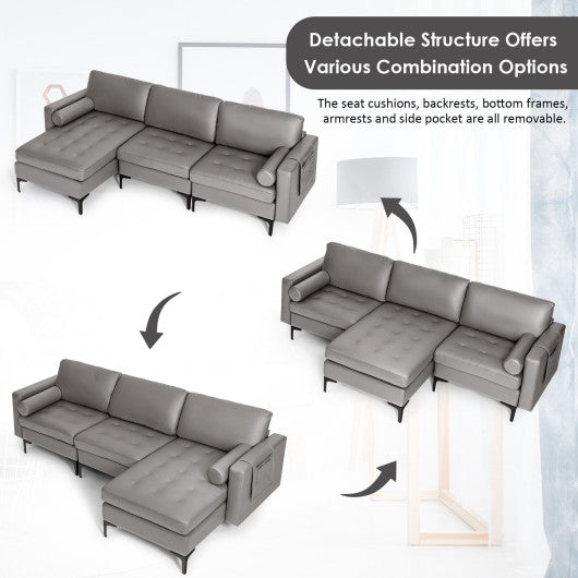 Modular L-shaped 3-Seat Sectional Sofa with Reversible Chaise and 2 USB Ports-Light Gray