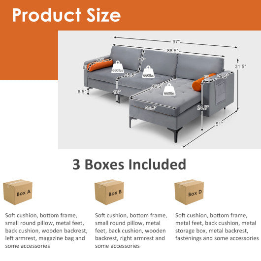 Modular L-shaped 3-Seat Sectional Sofa with Reversible Chaise and 2 USB Ports-Gray