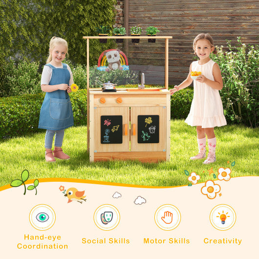Kids Mud Kitchen Fir Wood Playset with Planting Pots and Blackboards-Natural
