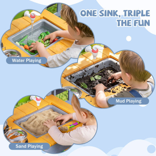 Mud Kitchen Set for Kids with Running Water Reservoir and Plant Pots for 3+-Yellow