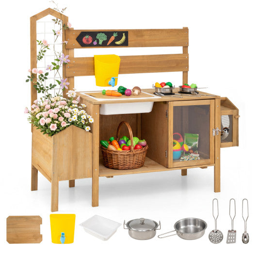 Mud Kitchen for Kids with Detachable Bird Cage and Stoves-Natural