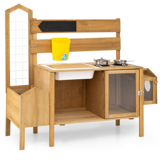 Mud Kitchen for Kids with Detachable Bird Cage and Stoves-Natural