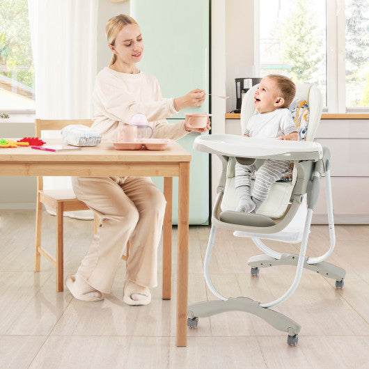 Multifunctional Folding Baby High Chair with Rolling Wheels and Adjustable Height-White