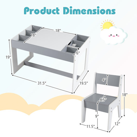 Multifunctional Kids Table and 2 Chairs Set with Chalkboard-Gray