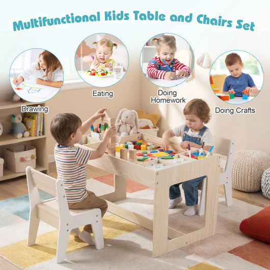 Multifunctional Kids Table and 2 Chairs Set with Chalkboard-Natural