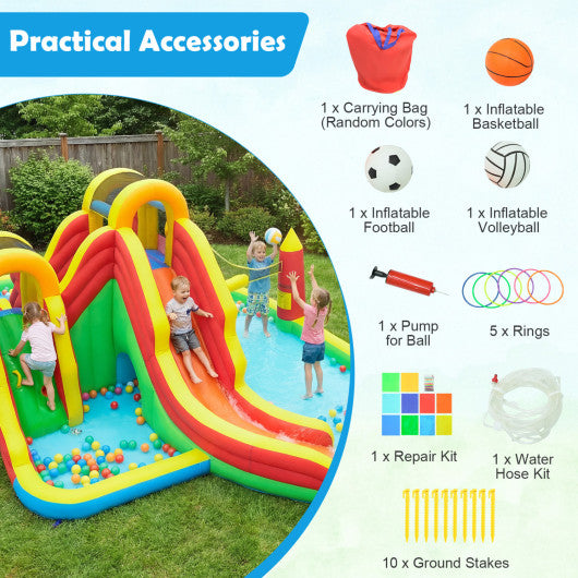 Inflatable Water Slide Park with 2 Long Slides and Climbing Walls for Yard Party