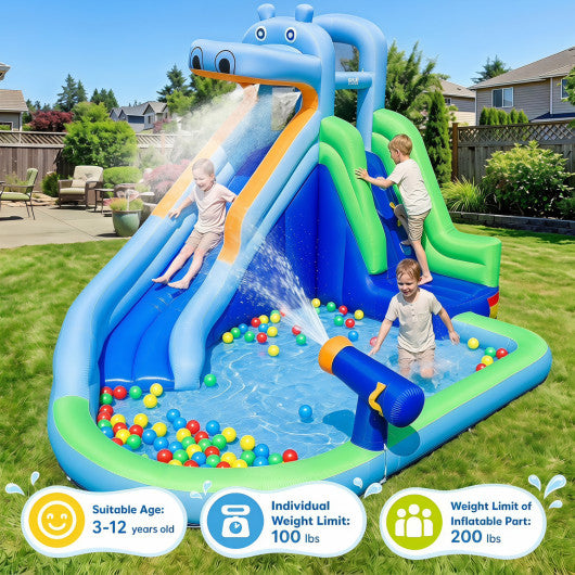 Hippo-Themed Inflatable Water Slide with Long Slide and Climbing Wall for Kids Backyard with 680W Blower