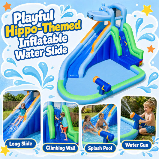 Hippo-Themed Inflatable Water Slide with Long Slide and Climbing Wall for Kids Backyard with 680W Blower