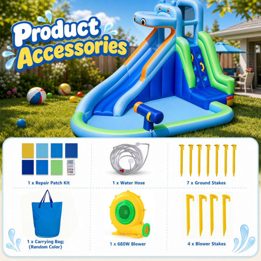 Hippo-Themed Inflatable Water Slide with Long Slide and Climbing Wall for Kids Backyard with 680W Blower