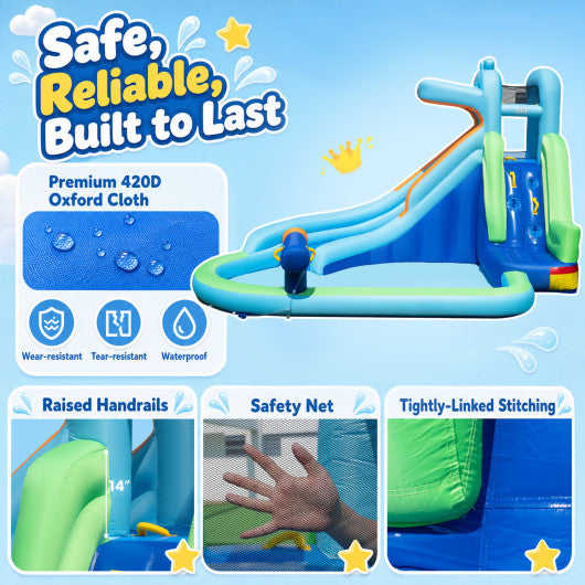 Hippo-Themed Inflatable Water Slide with Long Slide and Climbing Wall for Kids Backyard with 680W Blower