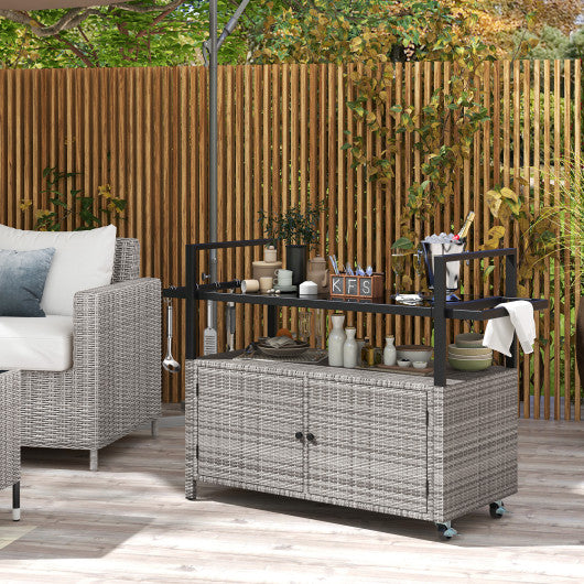 Outdoor Bar Cart Wicker Buffet Serving Cart with Cabinet and 8 Hooks-Gray