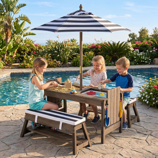 Outdoor Kids Wooden Picnic Table and Benches Set with Umbrella-Blue