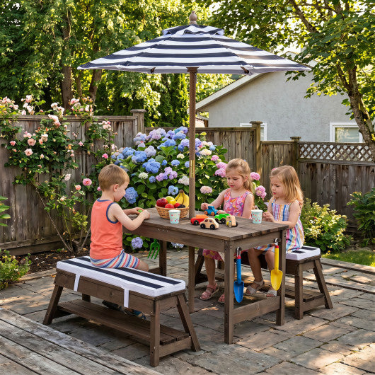 Outdoor Kids Wooden Picnic Table and Benches Set with Umbrella-Blue