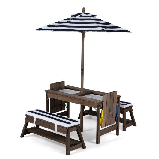 Outdoor Kids Wooden Picnic Table and Benches Set with Umbrella-Blue