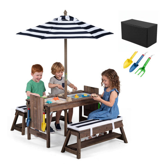 Outdoor Kids Wooden Picnic Table and Benches Set with Umbrella-Blue