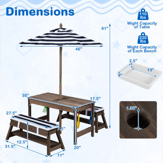 Outdoor Kids Wooden Picnic Table and Benches Set with Umbrella-Blue