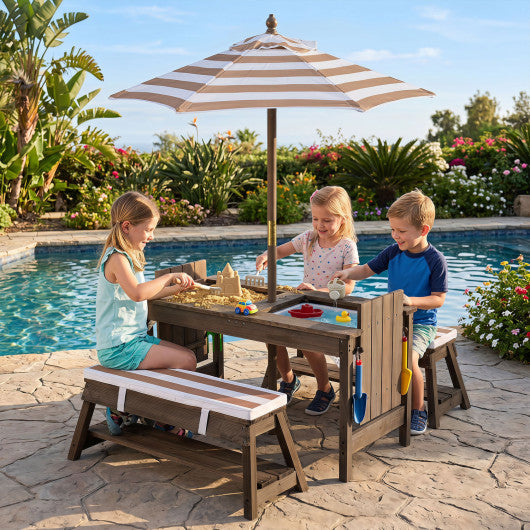 Outdoor Kids Wooden Picnic Table and Benches Set with Umbrella-Brown