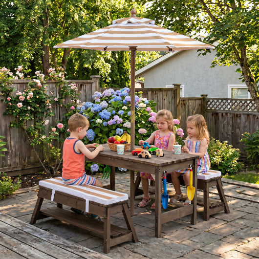 Outdoor Kids Wooden Picnic Table and Benches Set with Umbrella-Brown