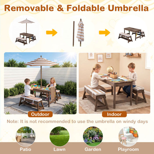 Outdoor Kids Wooden Picnic Table and Benches Set with Umbrella-Brown