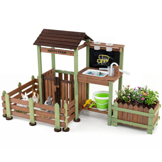 Wooden Mud Farm Playset with Planter Box Lockable Yard and Faucet for 3+ Kids