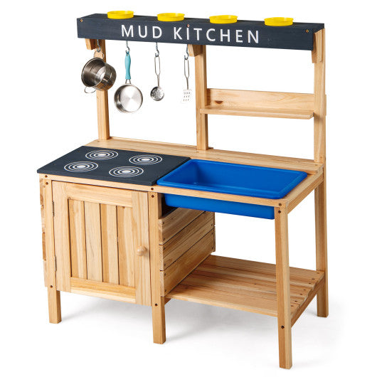 Outdoor Mud Kids Kitchen Playset Wooden Pretend Play Toy with Kitchenware