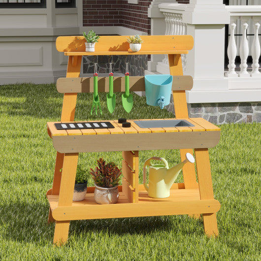 Outdoor Mud Kitchen for Kids Wooden Play Kitchen Toy for Boys Girls Aged 3-8-Yellow