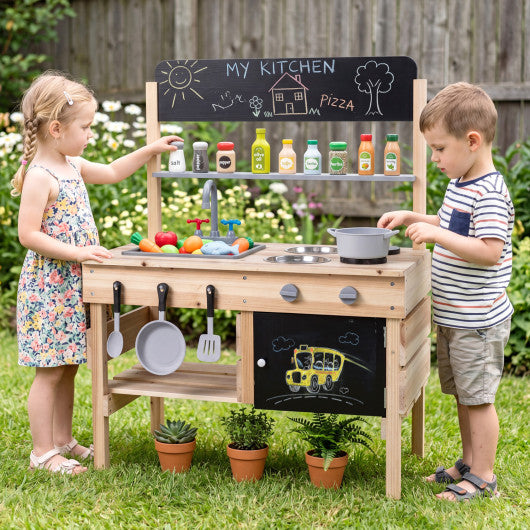 Outdoor Wooden Mud Kitchen for Kids with Sink and Stoves-Natural