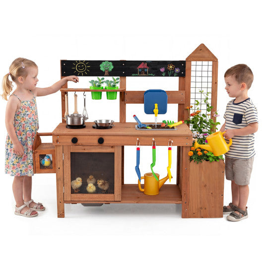 Outdoor Wooden Mud Kitchen with Planter Box and Sink for Toddlers-Natural