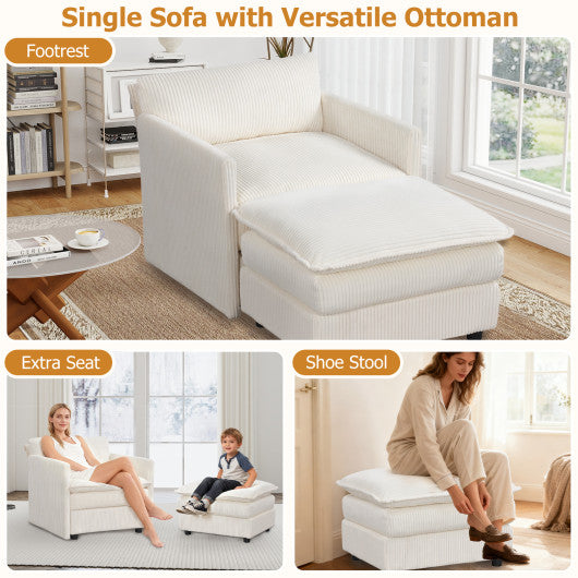 Oversized Accent Chair with Ottoman with Soft Corduroy Cushions-Beige