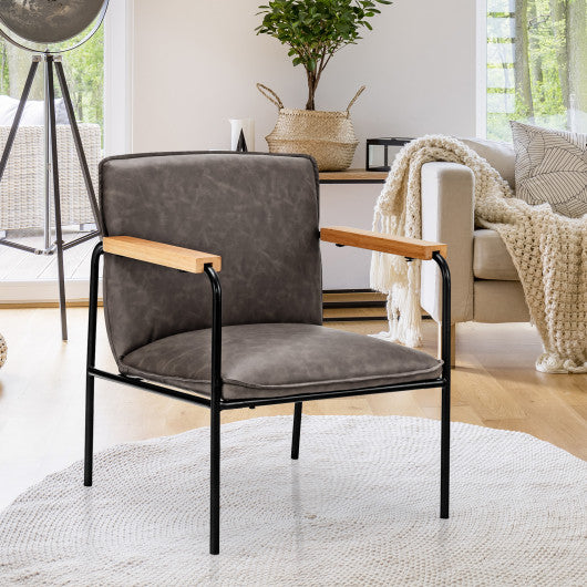 PU Leather Accent Chair with Rubber Wood Armrests-Gray