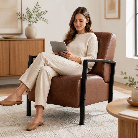 PU Leather Upholstered Armchair with Padded Seat and Back Comfy Lounge Reading Chair-Brown