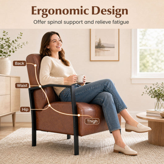 PU Leather Upholstered Armchair with Padded Seat and Back Comfy Lounge Reading Chair-Brown