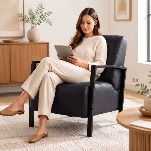 PU Leather Upholstered Armchair with Padded Seat and Back Comfy Lounge Reading Chair-Black