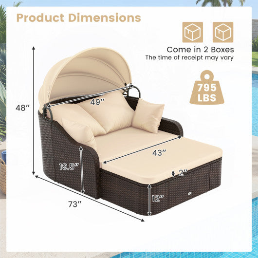 Patio PE Rattan Daybed with Retractable Canopy and Soft Cushions-Beige