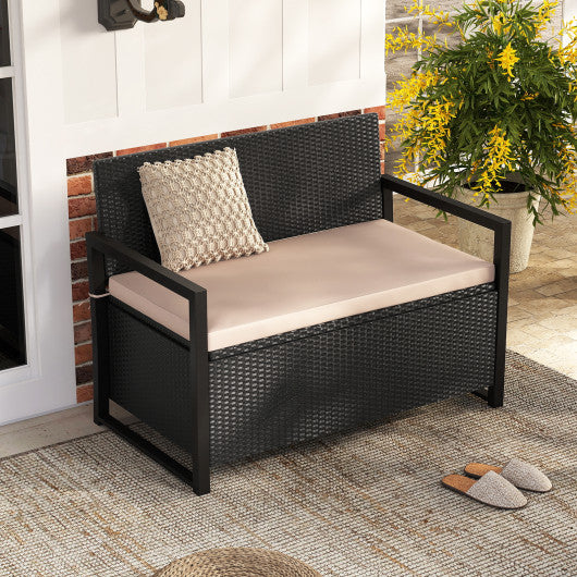 Patio Storage Bench Outdoor Wicker Loveseat with Built-in Storage