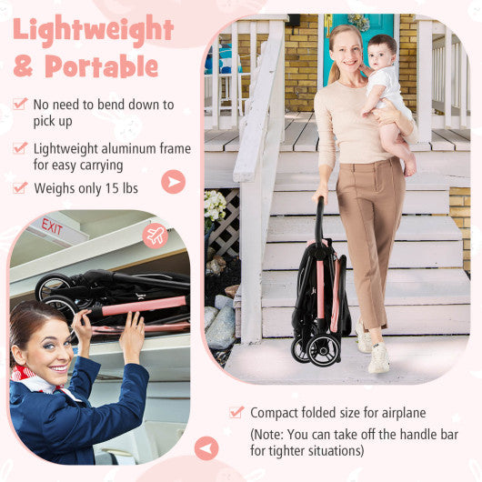 One-Hand Folding Portable Lightweight Baby Stroller with Aluminum Frame-Pink