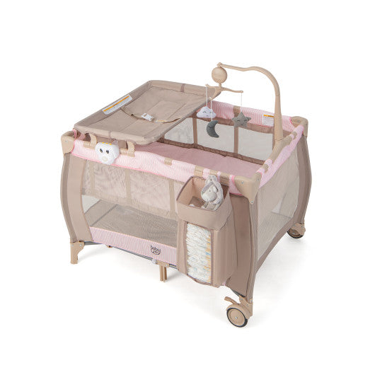 Portable Baby Playard with Changing Table Bassinet and Music Box-Pink