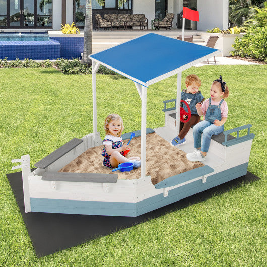 Pirate Ship Sandbox with Canopy with Bench Seats and Bottom Liner-White
