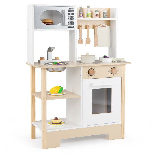 Play Kitchen Wooden Toy Kitchen Playset with Chalkboard Birthday Gift for Kids Aged 3 +-White