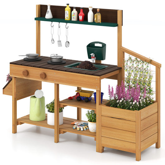 Play Kitchen for Kids Wooden Toy Kitchen Playset Pretend Mud Kitchen-Brown