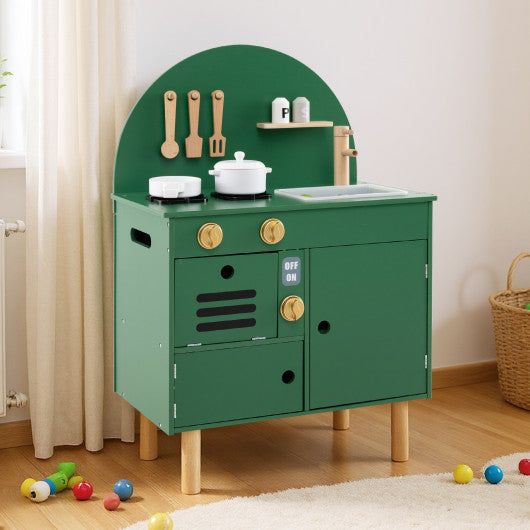 Play Kitchen for Kids Wooden Kitchen Playset with Stoves Faucet Sink Microwave and Oven-Green
